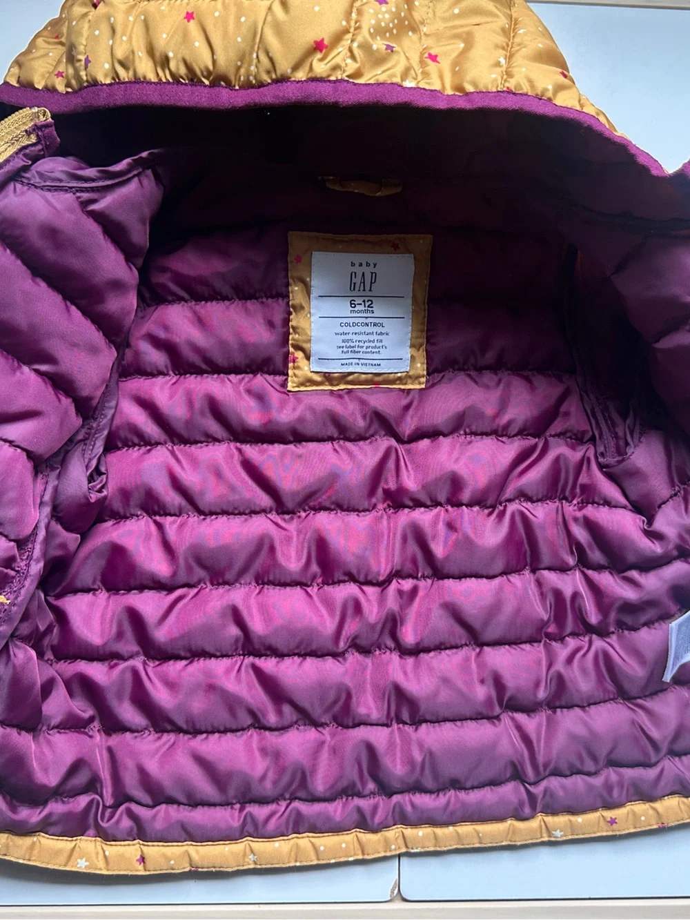 Baby Gap Golden Yellow ColdControl Puffer Jacket Zip Up Hood Pink Stars 6-12m